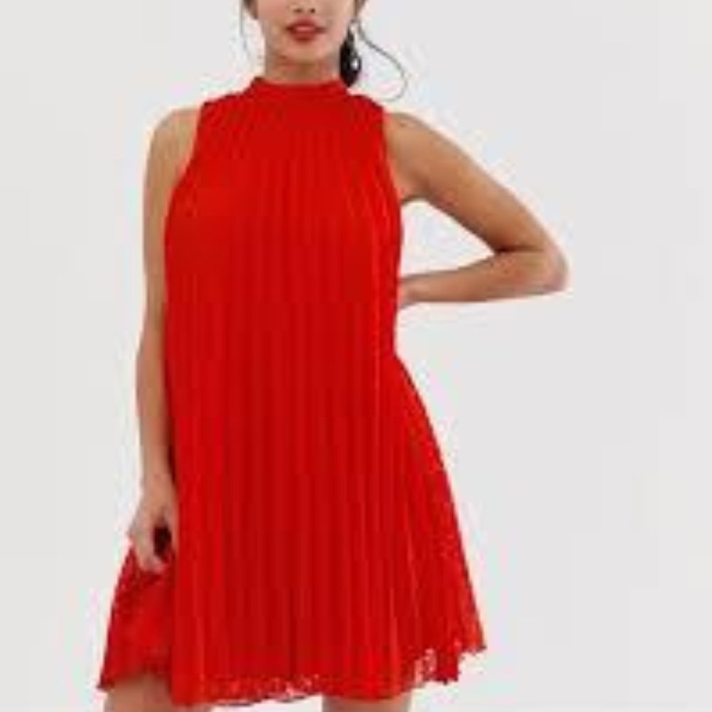 ASOS Petite Red Eyelet High Neck Pleated Dress
